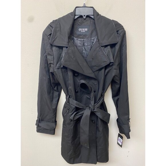 Guess Jackets & Blazers - GUESS Women's Black Double Breasted Hooded Belted Trench Coat Size XXL NWT